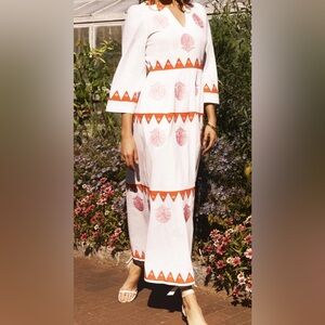 White and Orange Embroidered Maxi Dress